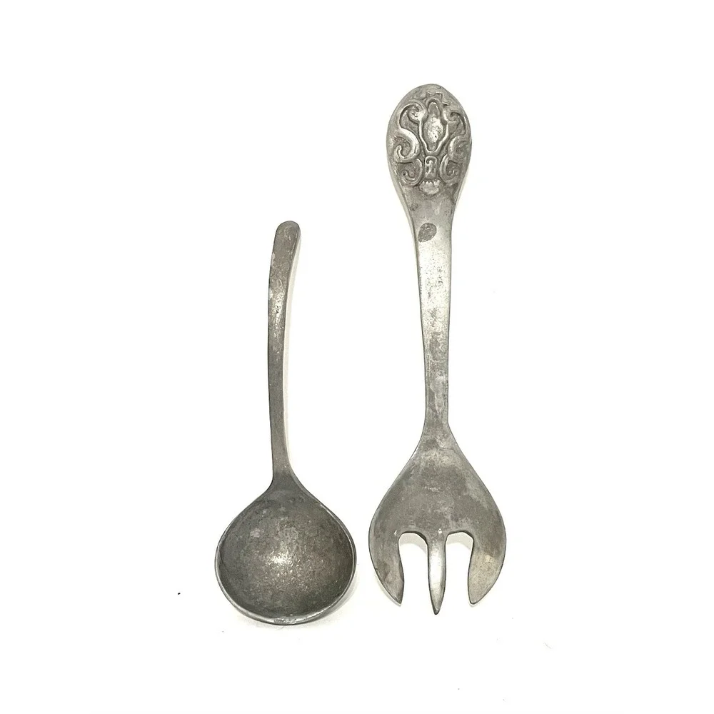 Vintage Aluminum‎ Silver Salad Serving Fork & Spoon Set Oversized